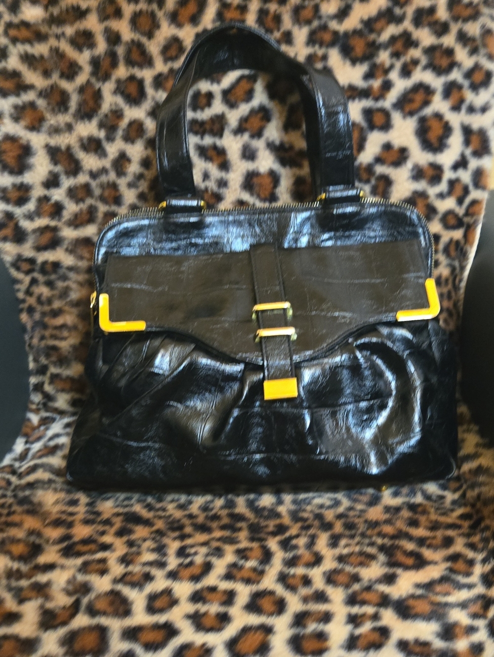 Black Patent Shoulder Bag with Yellow Accent